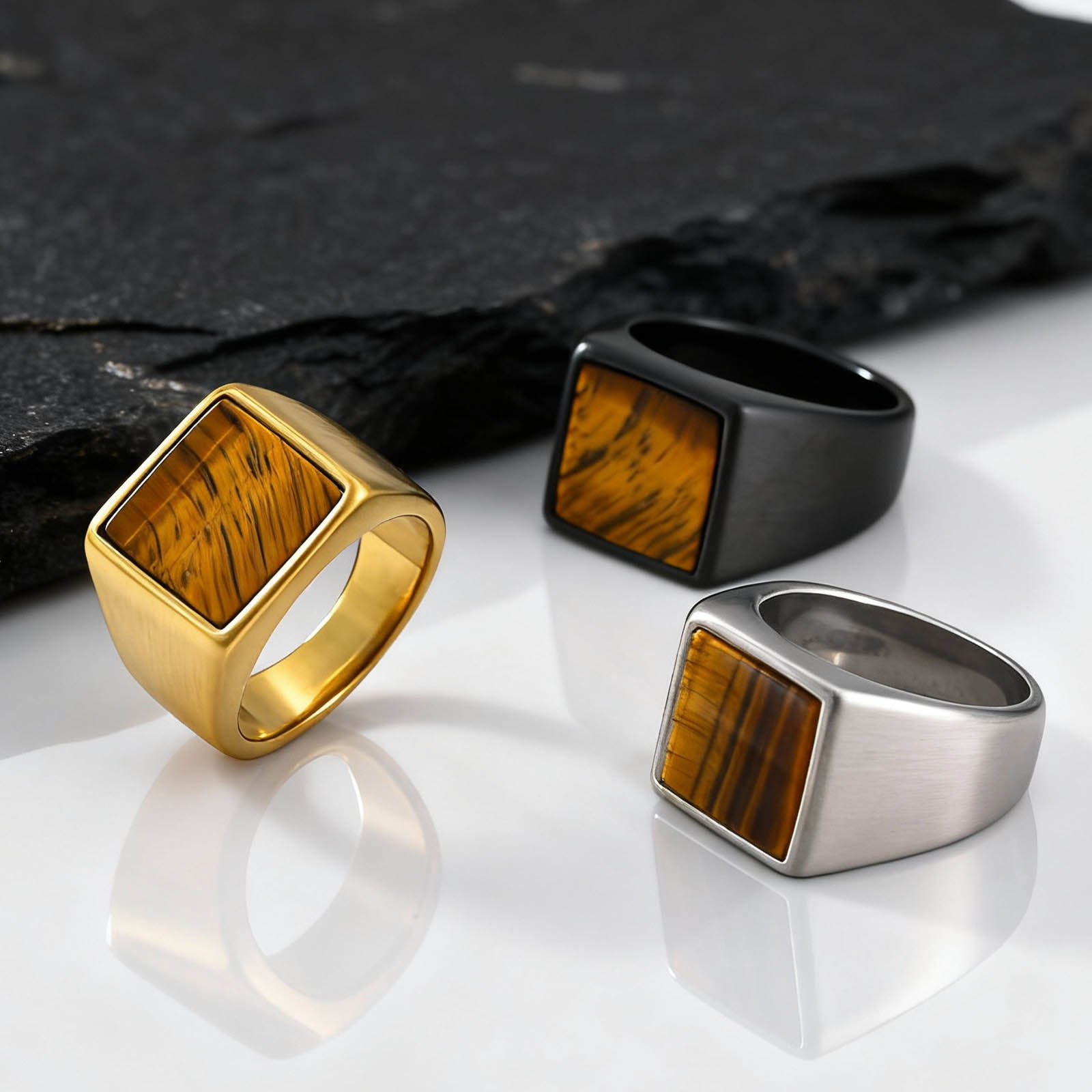 Mens Signet Ring - แหวนหินตาเสือสำหรับผู้ชาย วัสดุสแตนเลสสีน้ำตาล แหวนตราประทับหินธรรมชาติ ทรงสี่เหลี่ยม แหวนแฟชั่นสำหรับงานปาร์ตี้ ของขวัญเครื่องประดับ