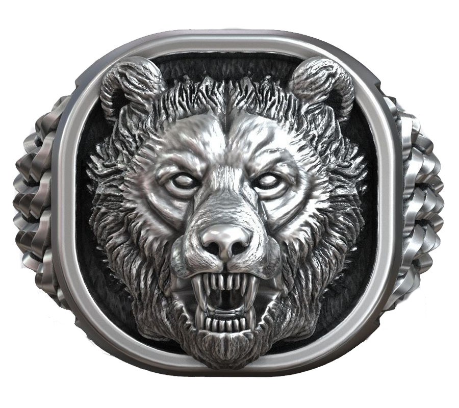 Mens Signet Ring - ตราประทับรูปหัวหมีไวกิ้ง นอร์ดิก 22 กรัม ของตกแต่งโบราณ ทำจากเงินแท้