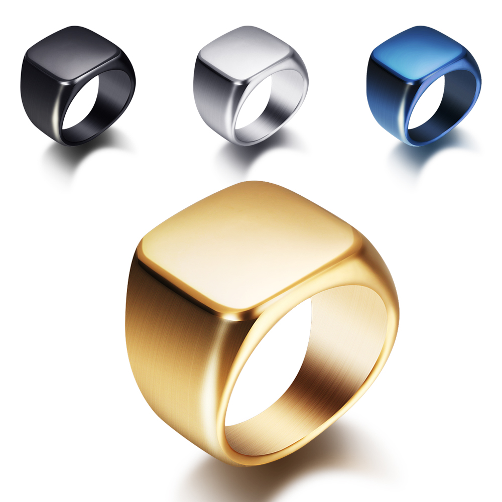 Mens Signet Ring - ฟรีสลักใหม่แหวนเงิน/ทอง/ดำ/น้ำเงินแหวนไททาเนียมความกว้างขนาดใหญ่ปรับแต่งได้ตามต้องการแหวนแฟชั่นสำหรับผู้ชายเครื่องประดับเหล็กไทเทเนียม