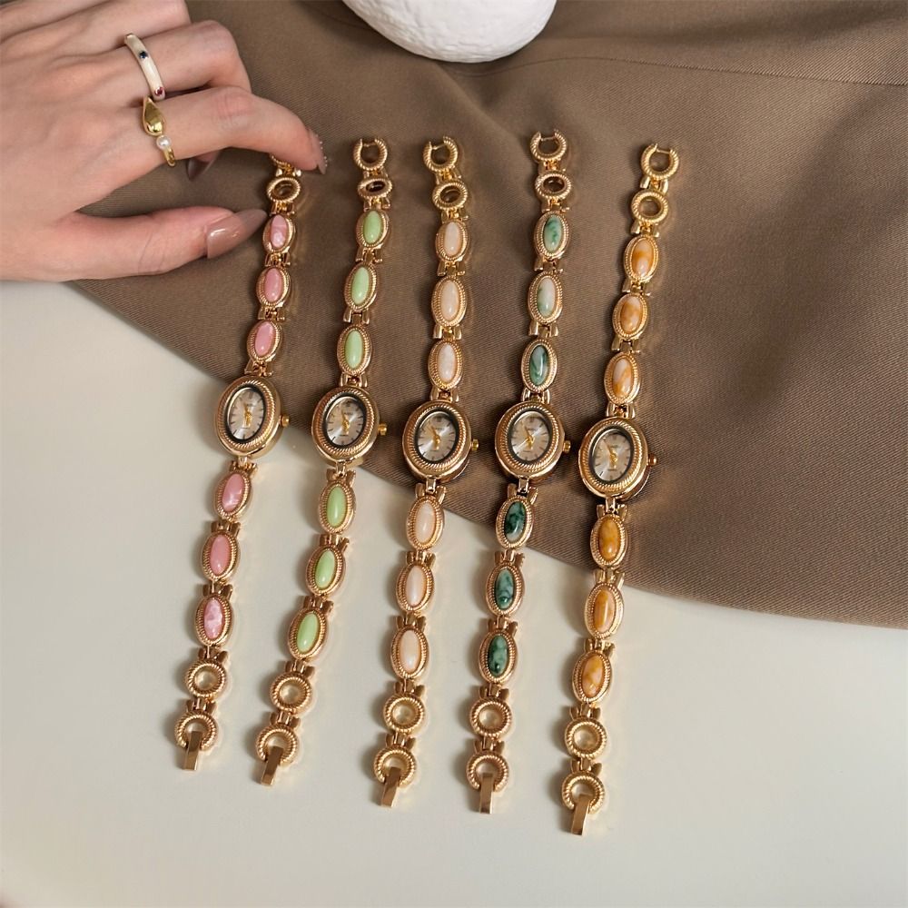 Jewelry Watches Vintage - นาฬิกาข้อมือผู้หญิงสไตล์วินเทจประดับพลอยสีสันสวยงาม ดีไซน์หรูหรา รูปทรงวงรี ระบบควอตซ์ พร้อมสายแบบกำไลข้อมือ เหมาะเป็นของขวัญสุดหรู