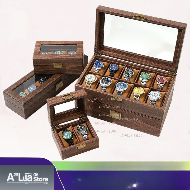 Jewelry Watches Vintage - กล่องนาฬิกาหนัง PU ลายไม้สไตล์วินเทจ กล่องจัดระเบียบกันฝุ่นสำหรับเก็บเครื่องประดับ